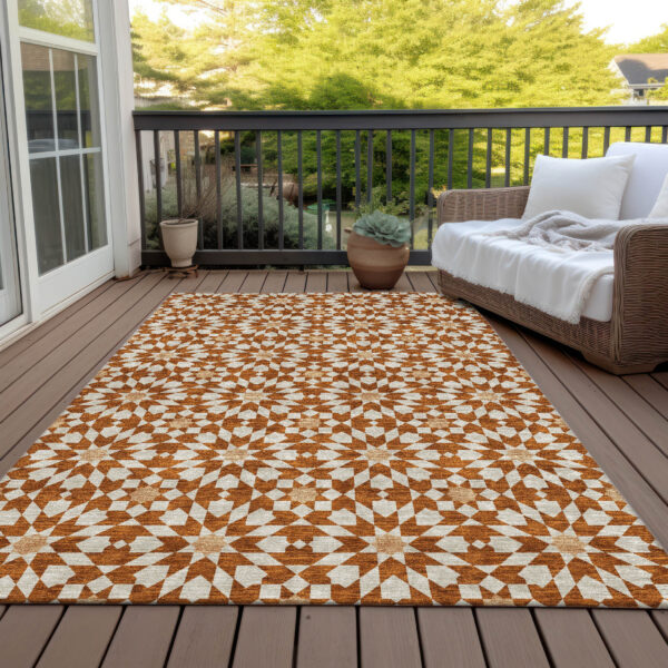 9' X 12' Orange Beige And Copper Floral Medallion Washable Indoor Outdoor Area Rug