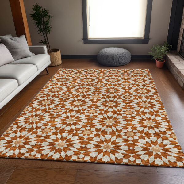 9' X 12' Orange Beige And Copper Floral Medallion Washable Indoor Outdoor Area Rug