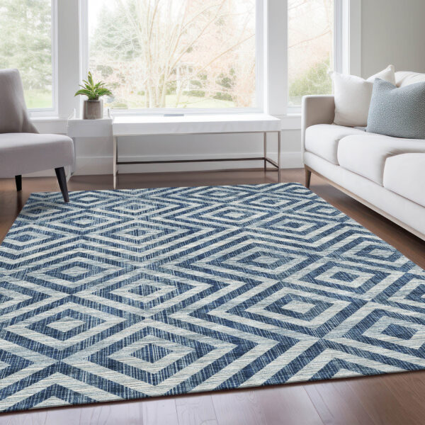 8' X 10' Navy Blue And Ivory Geometric Washable Indoor Outdoor Area Rug