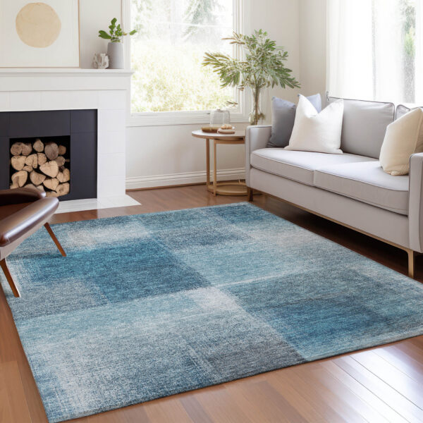10' X 14' Denim Blue And Navy Blue Abstract Washable Indoor Outdoor Area Rug