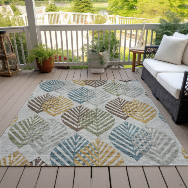 9' X 12' Gray Silver And Teal Blue Floral Washable Indoor Outdoor Area Rug