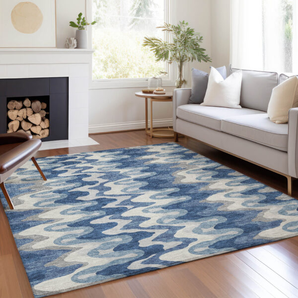 3' X 5' Navy Blue And Sky Blue Abstract Washable Indoor Outdoor Area Rug