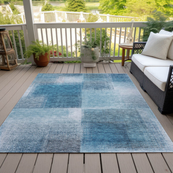10' X 14' Denim Blue And Navy Blue Abstract Washable Indoor Outdoor Area Rug