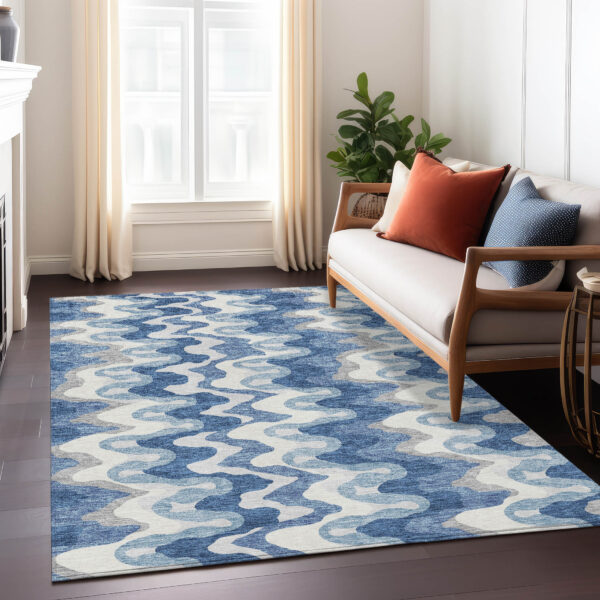 3' X 5' Navy Blue And Sky Blue Abstract Washable Indoor Outdoor Area Rug