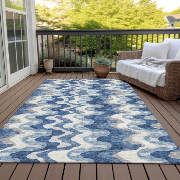 3' X 5' Navy Blue And Sky Blue Abstract Washable Indoor Outdoor Area Rug