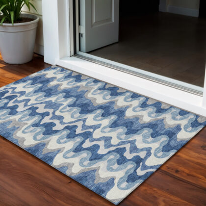 3' X 5' Navy Blue And Sky Blue Abstract Washable Indoor Outdoor Area Rug