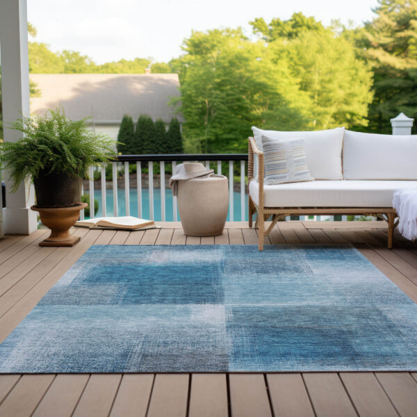 10' X 14' Denim Blue And Navy Blue Abstract Washable Indoor Outdoor Area Rug