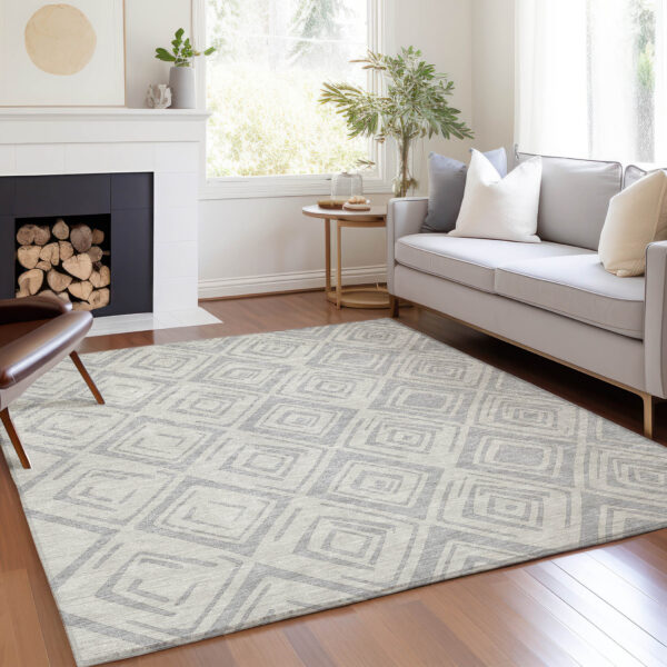 8' X 10' Pewter And Ivory Geometric Washable Indoor Outdoor Area Rug
