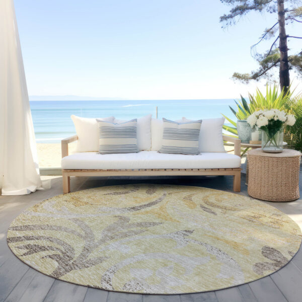 8' Gold Beige And Taupe Round Floral Washable Indoor Outdoor Area Rug
