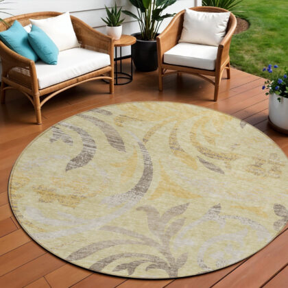 8' Gold Beige And Taupe Round Floral Washable Indoor Outdoor Area Rug