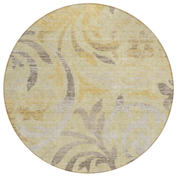 8' Gold Beige And Taupe Round Floral Washable Indoor Outdoor Area Rug