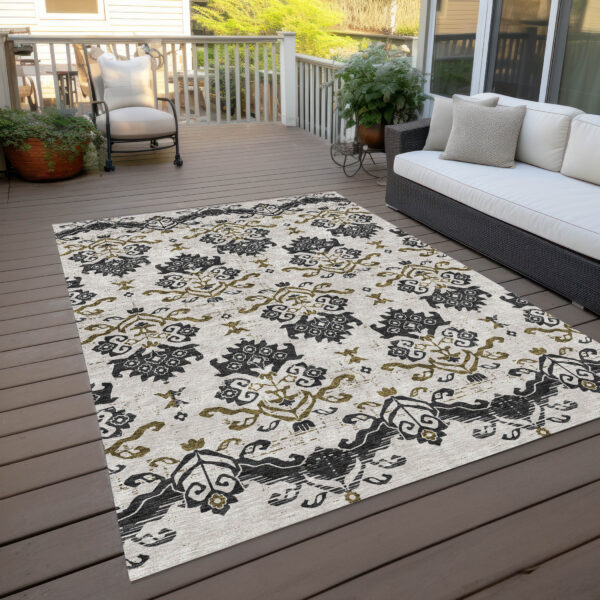 5' X 8' Black Beige And Gold Oriental Washable Indoor Outdoor Area Rug