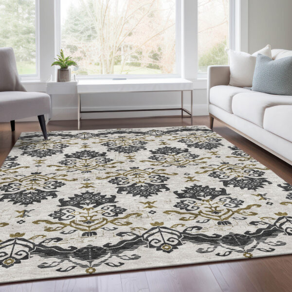 5' X 8' Black Beige And Gold Oriental Washable Indoor Outdoor Area Rug
