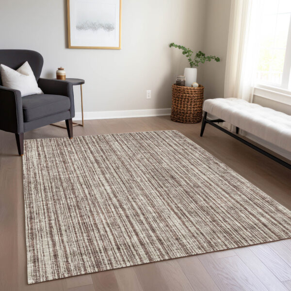3' X 5' Brown And Ivory Striped Washable Indoor Outdoor Area Rug