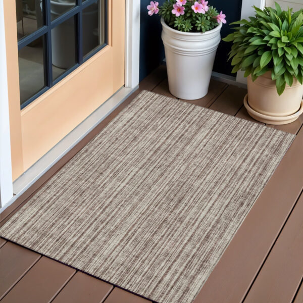 3' X 5' Brown And Ivory Striped Washable Indoor Outdoor Area Rug