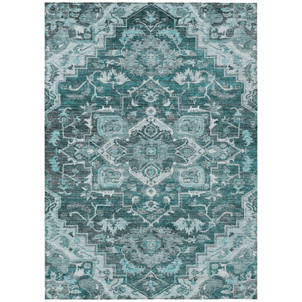 9' X 12' Teal Blue Gray And Charcoal Oriental Washable Indoor Outdoor Area Rug