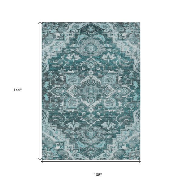 9' X 12' Teal Blue Gray And Charcoal Oriental Washable Indoor Outdoor Area Rug