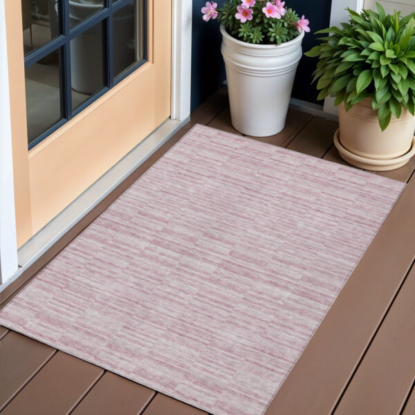 3' X 5' Blush Pink And Beige Striped Washable Indoor Outdoor Area Rug