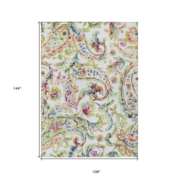 9' X 12' Ivory Fern Green And Artichoke Green Paisley Washable Indoor Outdoor Area Rug