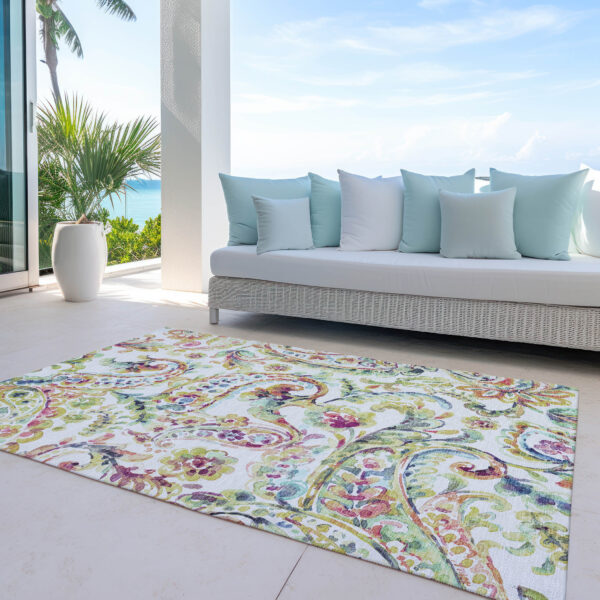 9' X 12' Ivory Fern Green And Artichoke Green Paisley Washable Indoor Outdoor Area Rug