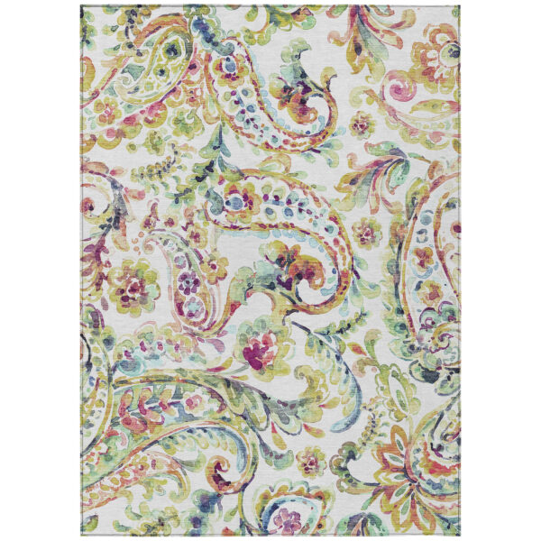 9' X 12' Ivory Fern Green And Artichoke Green Paisley Washable Indoor Outdoor Area Rug