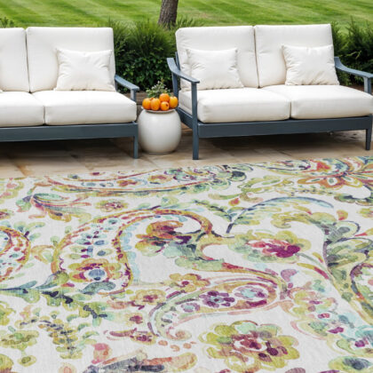 9' X 12' Ivory Fern Green And Artichoke Green Paisley Washable Indoor Outdoor Area Rug
