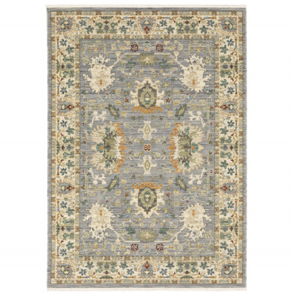 10' X 13' Grey Ivory Orange Teal Green Charcoal Blue And Red Oriental Power Loom Stain Resistant Area Rug With Fringe