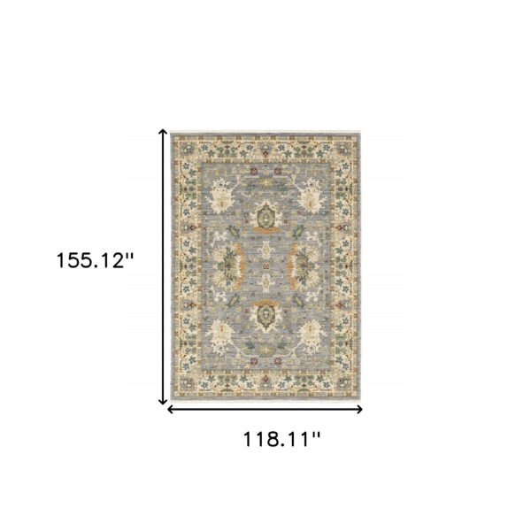 10' X 13' Grey Ivory Orange Teal Green Charcoal Blue And Red Oriental Power Loom Stain Resistant Area Rug With Fringe