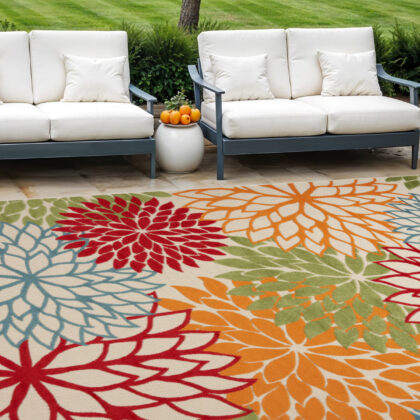 10' X 14' Green Orange and Red Indoor Outdoor Area Rug