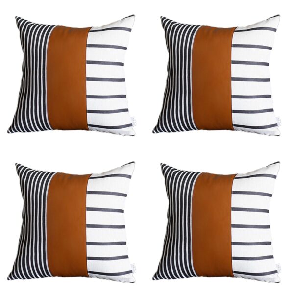 Set Of Four 20" X 20" Brown Faux Leather Striped Zippered Pillow