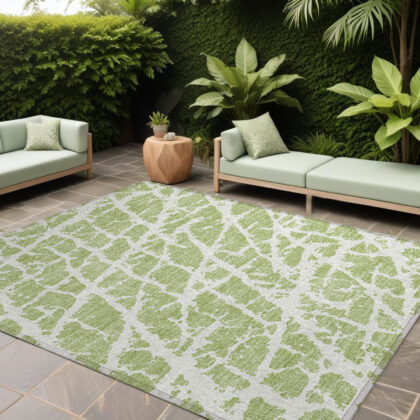 9' X 12' Green and White Abstract Washable Non Skid Indoor Outdoor Area Rug