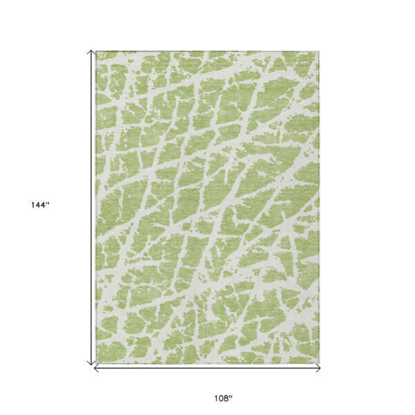 9' X 12' Green and White Abstract Washable Non Skid Indoor Outdoor Area Rug