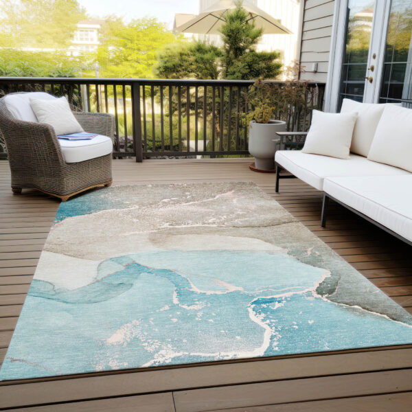3' X 5' Teal Abstract Washable Non Skid Indoor Outdoor Area Rug