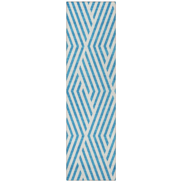 8' Runner Teal and White Geometric Washable Non Skid Indoor Outdoor Runner Rug