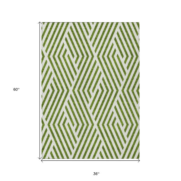 3' X 5' Lime Green and White Geometric Washable Non Skid Indoor Outdoor Area Rug
