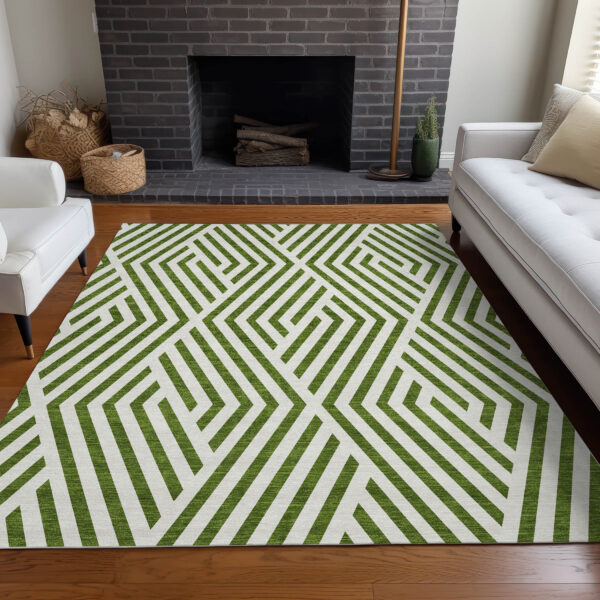 3' X 5' Lime Green and White Geometric Washable Non Skid Indoor Outdoor Area Rug