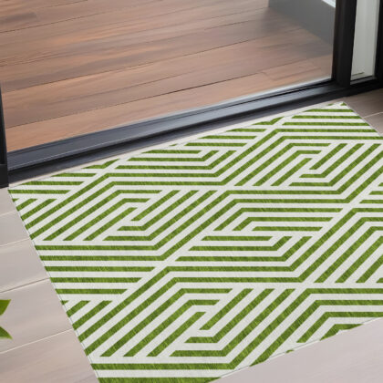 3' X 5' Lime Green and White Geometric Washable Non Skid Indoor Outdoor Area Rug