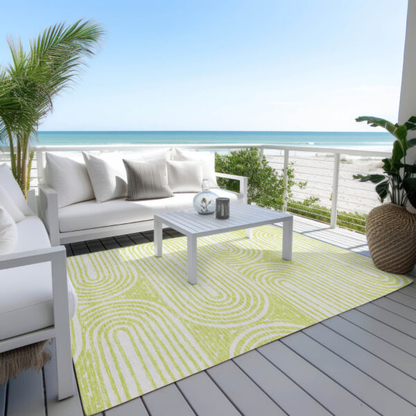 9' X 12' Green and White Abstract Washable Non Skid Indoor Outdoor Area Rug