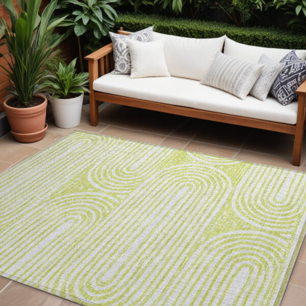 9' X 12' Green and White Abstract Washable Non Skid Indoor Outdoor Area Rug