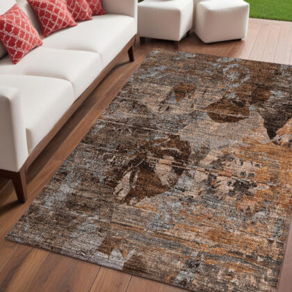 5' X 8' Brown Terracotta and Gray Floral Washable Non Skid Indoor Outdoor Area Rug