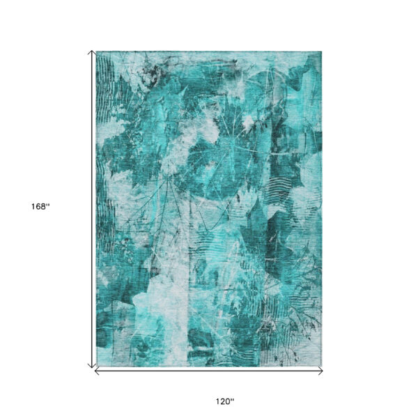 10' X 14' Teal Floral Washable Non Skid Indoor Outdoor Area Rug