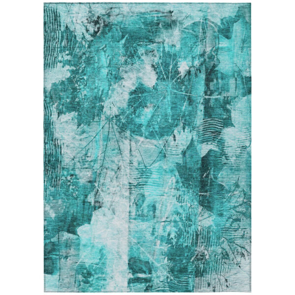 10' X 14' Teal Floral Washable Non Skid Indoor Outdoor Area Rug