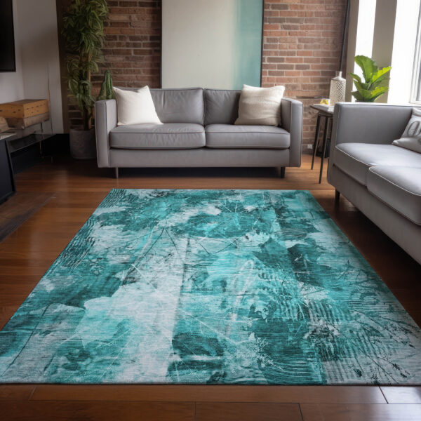 10' X 14' Teal Floral Washable Non Skid Indoor Outdoor Area Rug