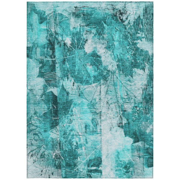 10' X 14' Teal Floral Washable Non Skid Indoor Outdoor Area Rug