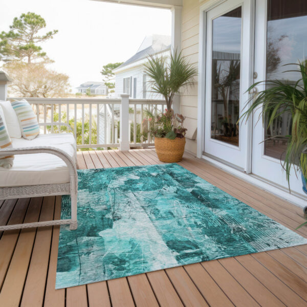 10' X 14' Teal Floral Washable Non Skid Indoor Outdoor Area Rug