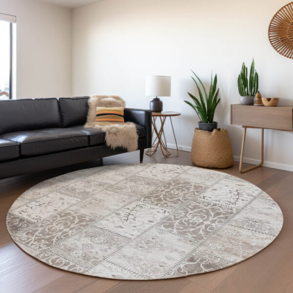 8' Round Taupe and Ivory Round Patchwork Washable Non Skid Indoor Outdoor Area Rug