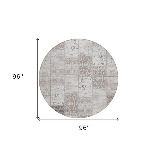 8' Round Taupe and Ivory Round Patchwork Washable Non Skid Indoor Outdoor Area Rug