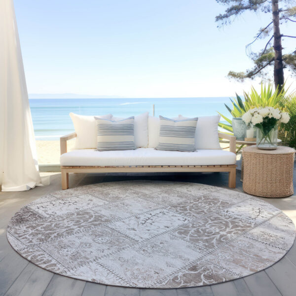 8' Round Taupe and Ivory Round Patchwork Washable Non Skid Indoor Outdoor Area Rug