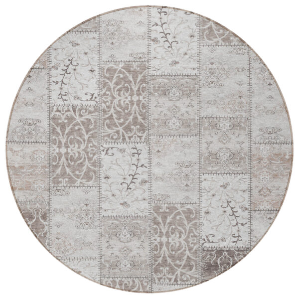 8' Round Taupe and Ivory Round Patchwork Washable Non Skid Indoor Outdoor Area Rug