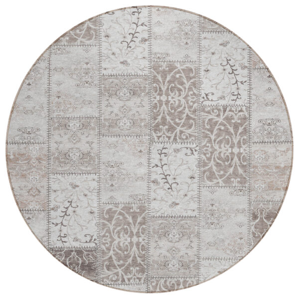 8' Round Taupe and Ivory Round Patchwork Washable Non Skid Indoor Outdoor Area Rug